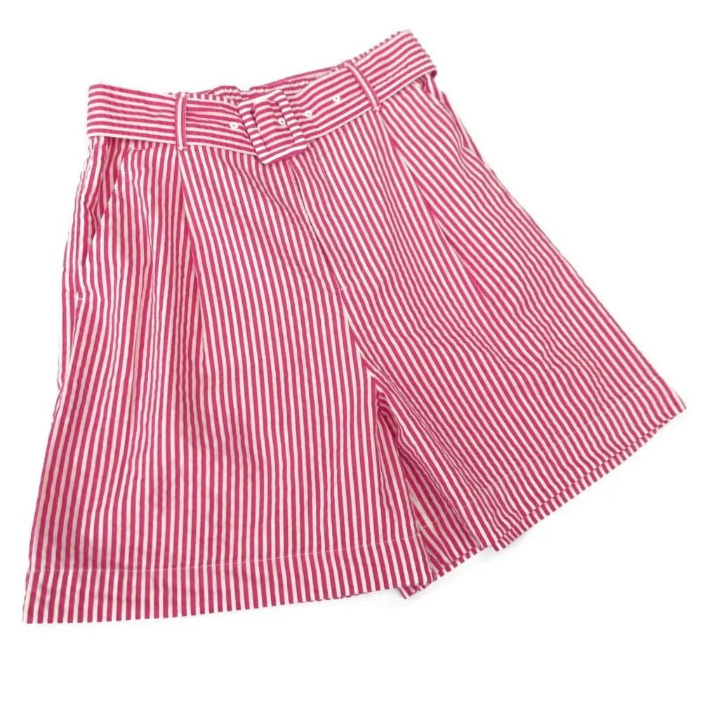 Vintage Style Shorts Red White Candy Stripe High Waist Pockets Wide Leg Pleats